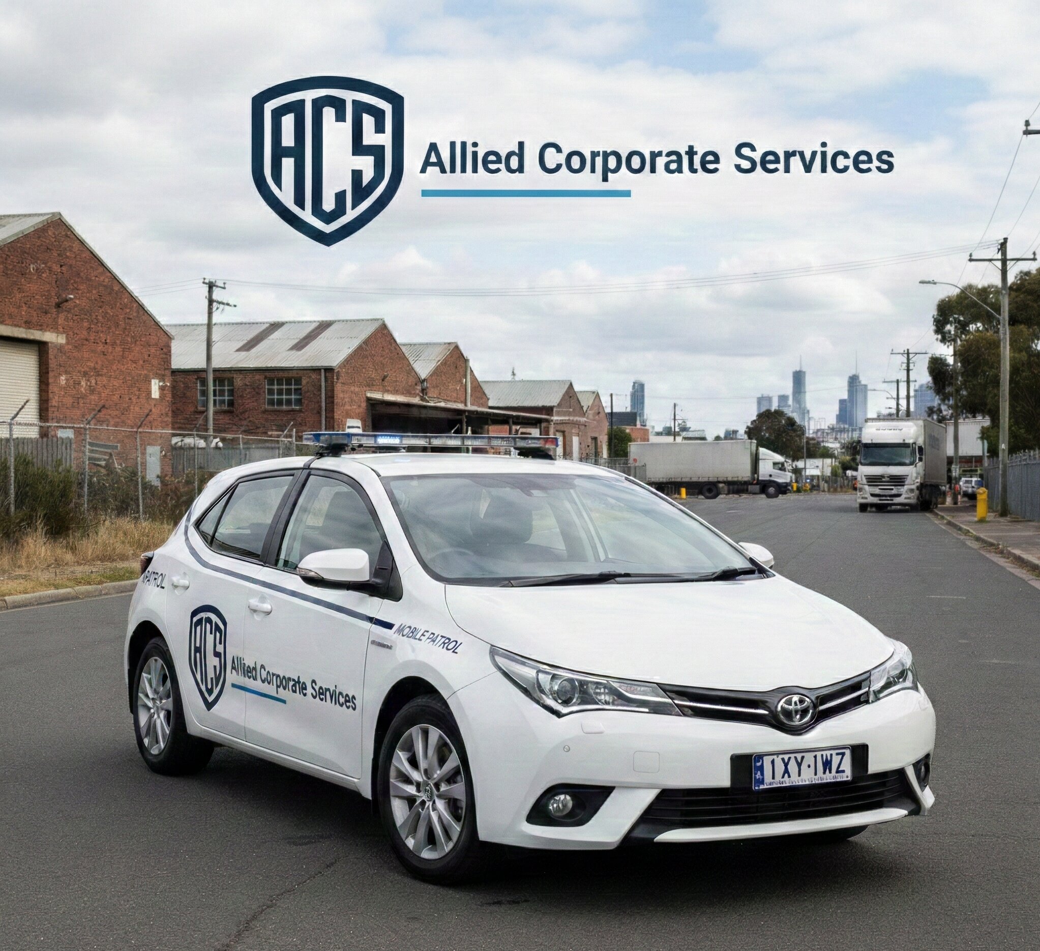 Allied CS patrol vehicle, Melbourne skyline